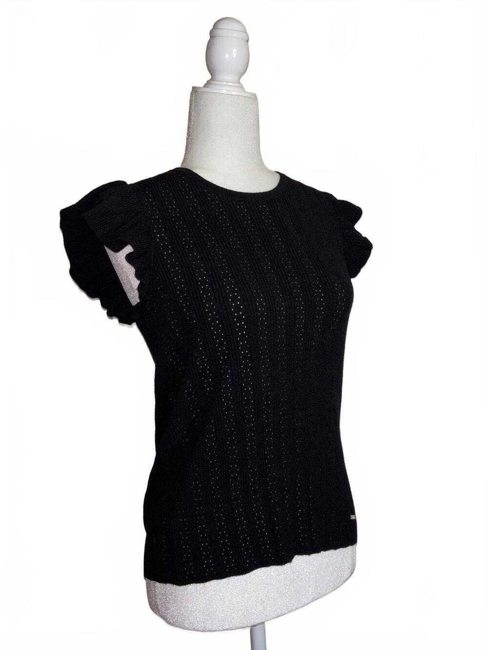 T Tahari Crewneck Flutter Sleeve Pointelle Knit Top
